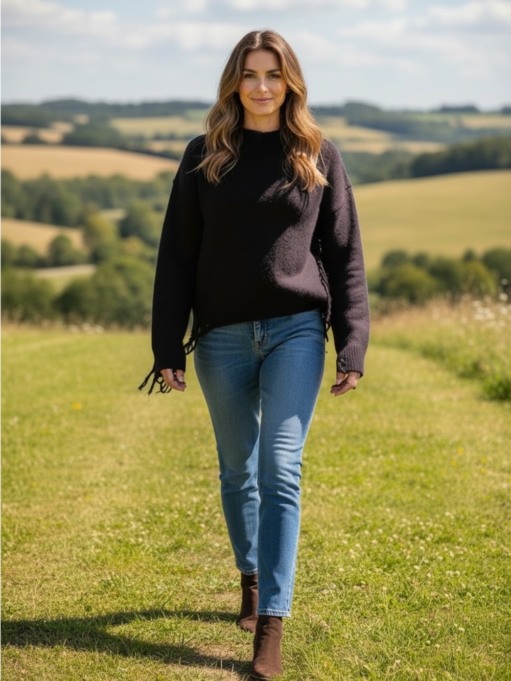 Chelsea & Violet Black Fringe Crewneck Sweater